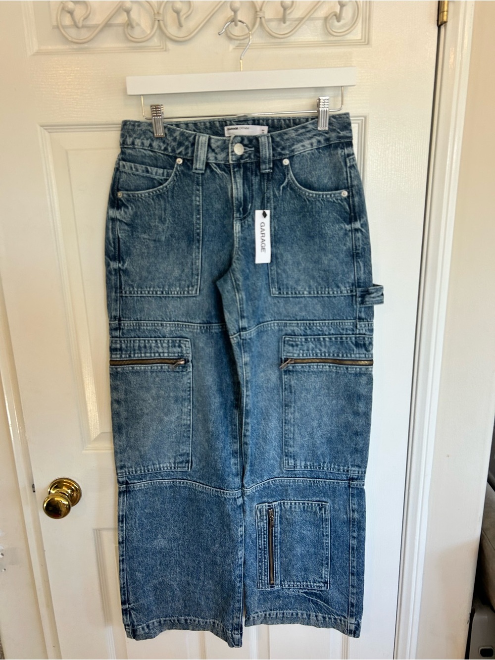 NWT Garage Denim Utility Wide Leg Cargo in Washed Blue Size 25